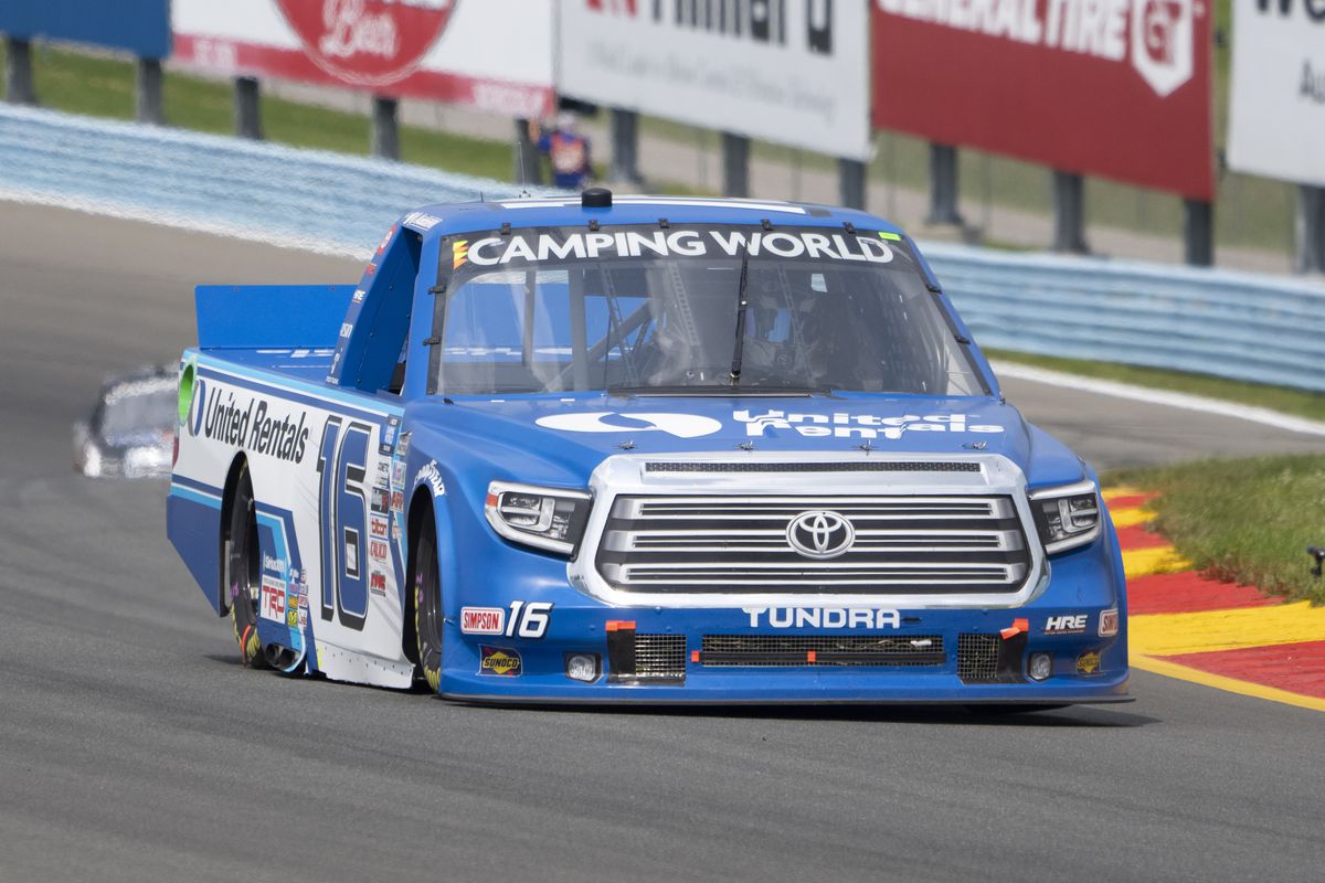 Camping World Truck Series driver Austin Hill of the #16 Hattori Racing Enterprises Toyota Tundra races in the lead through the ESS turns during the United Rentals 176 at the Glen NASCAR Camping World Truck Series race on August 7, 2021, at Watkins Glen International in Watkins Glen, NY.