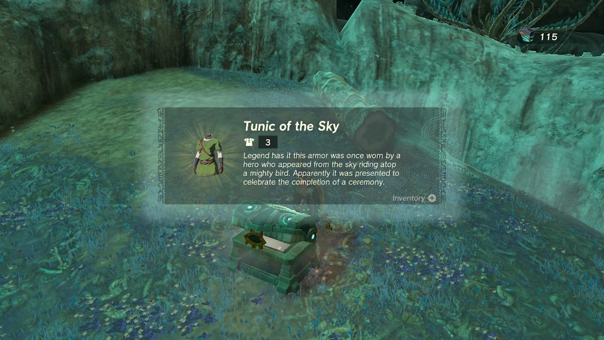Link opens a chest containing the tunic of the sky armor in the Depths in Zelda Tears of the Kingdom.