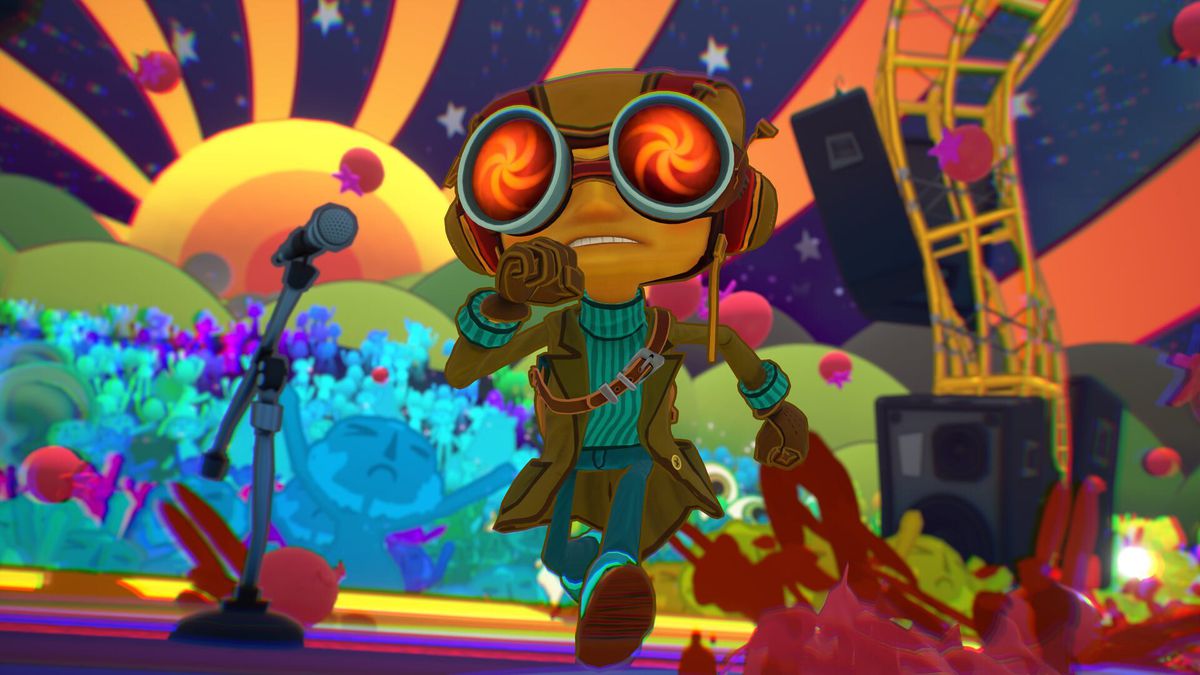 Raz from Psychonauts 2 runs across a psychedelic stage 