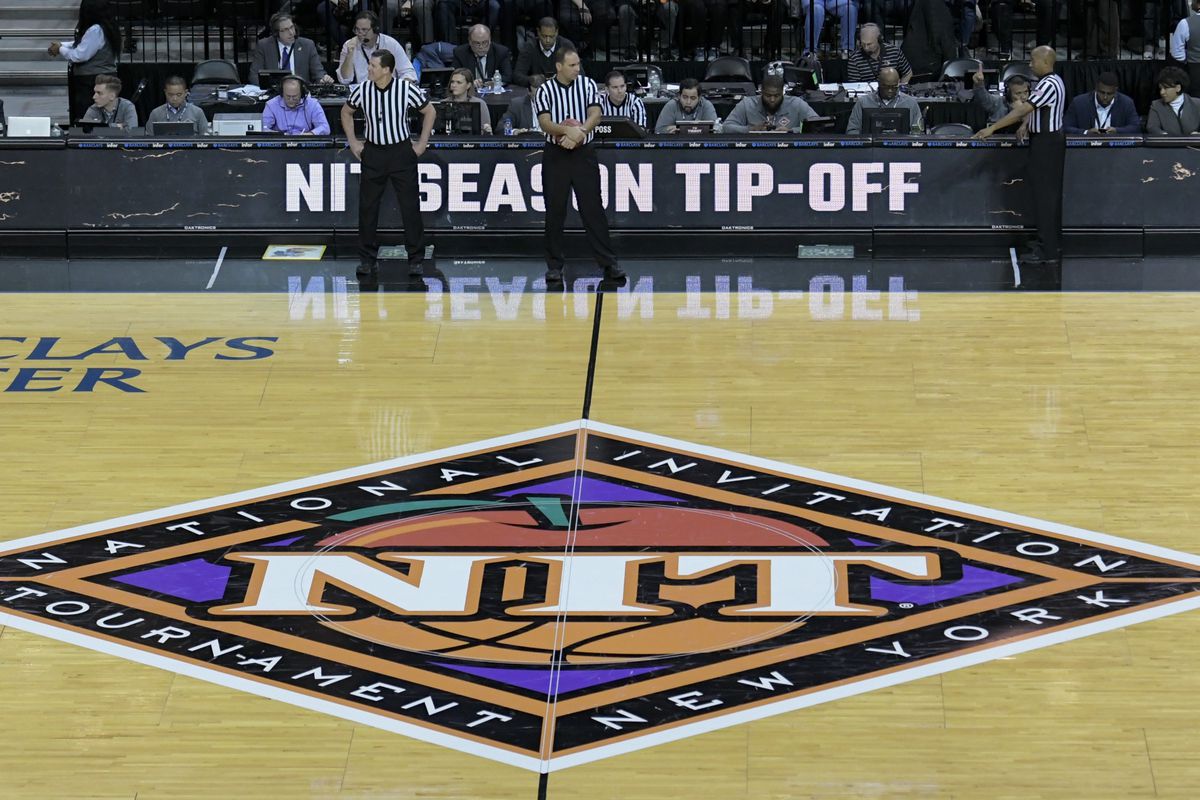 The NIT Tournament logo on the floor at the Barclays Center during the NIT Season Tip-Off on Nov. 21, 2018 in the Brooklyn borough of New York City.