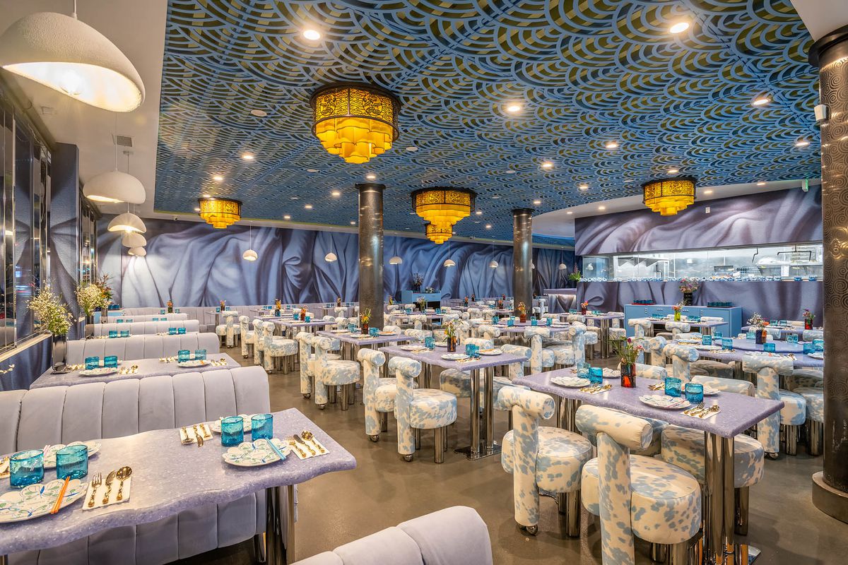 The pale blue dining room at Monarch in Arcadia.