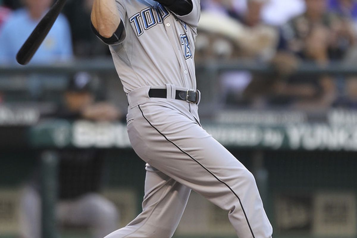 SEATTLE - AUGUST 16:  Colby Rasmus #28 of the Toronto Blue Jays hits a three run RBI double in the first inning against the Seattle Mariners at Safeco Field on August 16, 2011 in Seattle, Washington. (Photo by Otto Greule Jr/Getty Images)