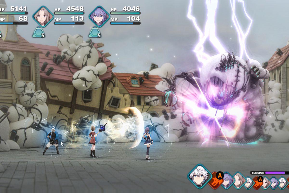Players battle a giant monster in a screenshot from Fantasian