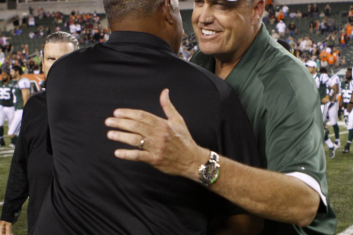 Aug 10, 2012; Cincinnati, OH, USA; New York Jets head coach Rex Ryan congratulates Cincinnati Bengals head coach Marvin Lewis at the end of the game at Paul Brown Stadium. Mandatory Credit: Frank Victores-US PRESSWIRE