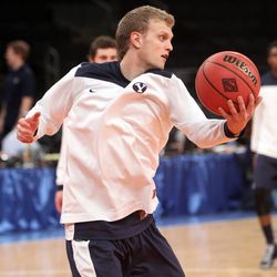 BYU guard Tyler Haws (3) warms up prior to the NIT Final Four in New York City Tuesday, April 2, 2013.