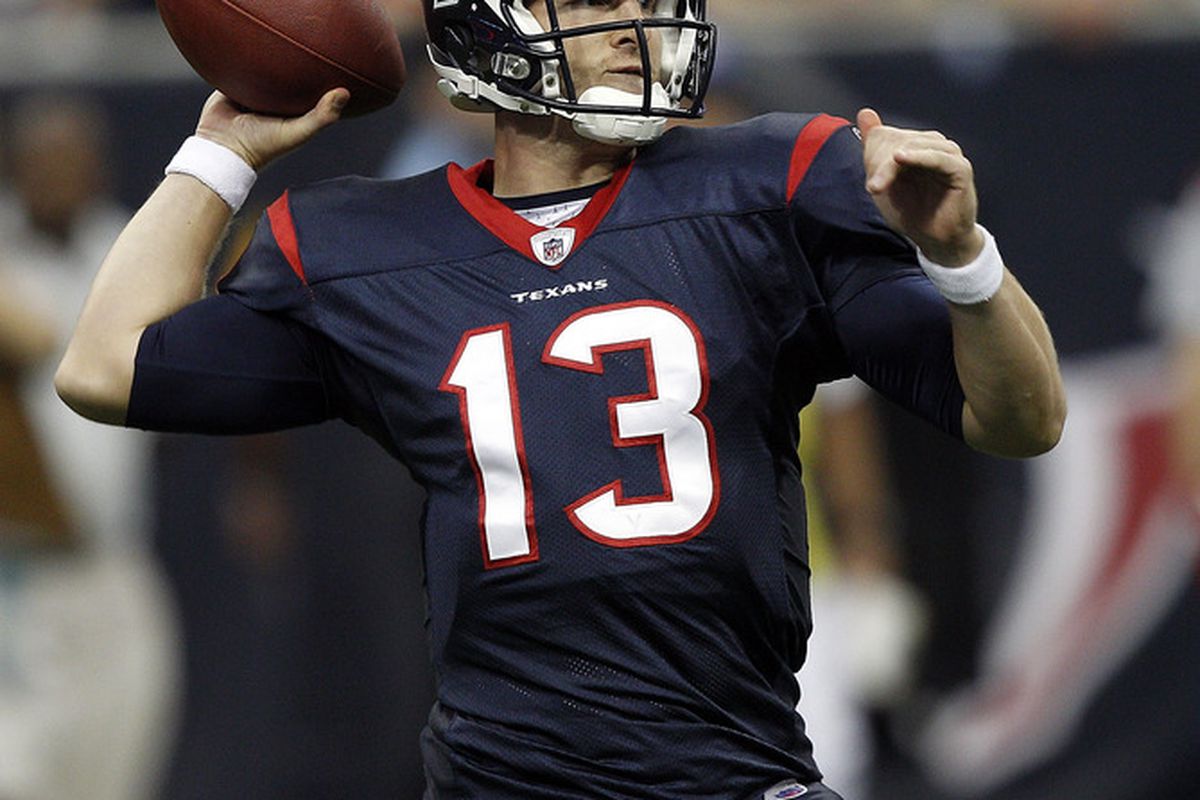 HOUSTON - DECEMBER 04:  Quarterback T.J. Yates #13 of the Houston Texans  throws against the Atlanta Falcons at Reliant Stadium on December 4, 2011 in Houston, Texas.  (Photo by Bob Levey/Getty Images)