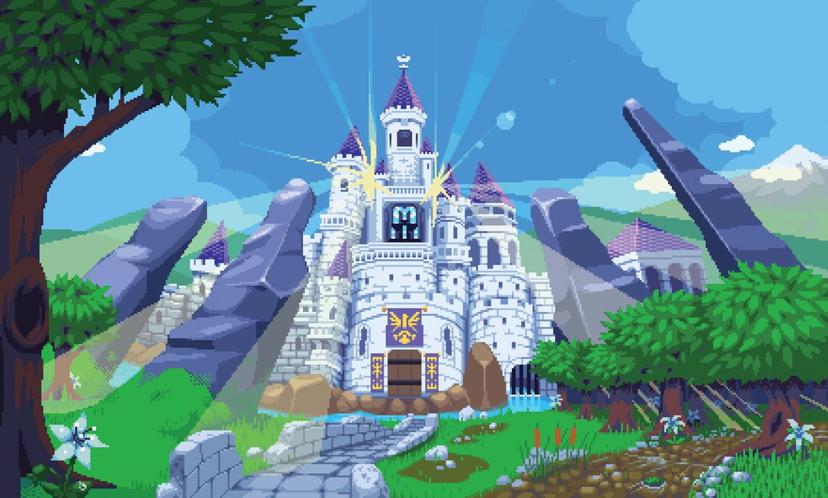 A 16-bit-style image of a white stone castle with purple turrets, surrounded by spires of black rock, seen from a low angle and gleaming with light, in a promotional image for the Legend of Zelda documentary Break the Game