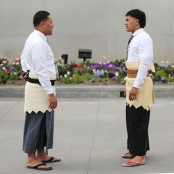 William Vaipulu and Tevita Ngauamo attend the 189th Annual General Conference of The Church of Jesus Christ of Latter-day Saints in Salt Lake City on Sunday, April 7, 2019.