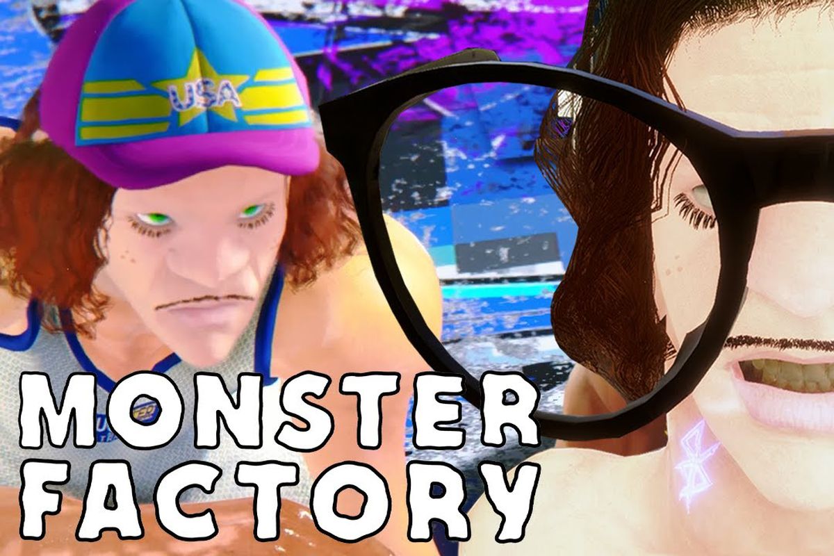 Two screenshots of Prince Legday. The one on the left shows him wearing a pink, blue, and yellow baseball cap and a tank top, the one on the right is super close up, he is shirtless and wearing black rimmed glassed that are approximately 10 times too big for his face. The Monster Factory logo is superimposed on the lower left corner.