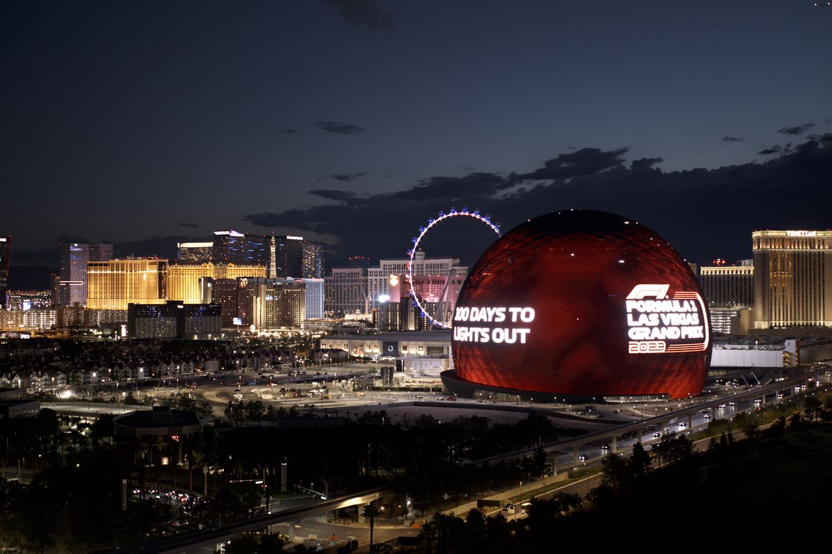 The Sphere on the Las Vegas Strip with a Formula 1 ad.