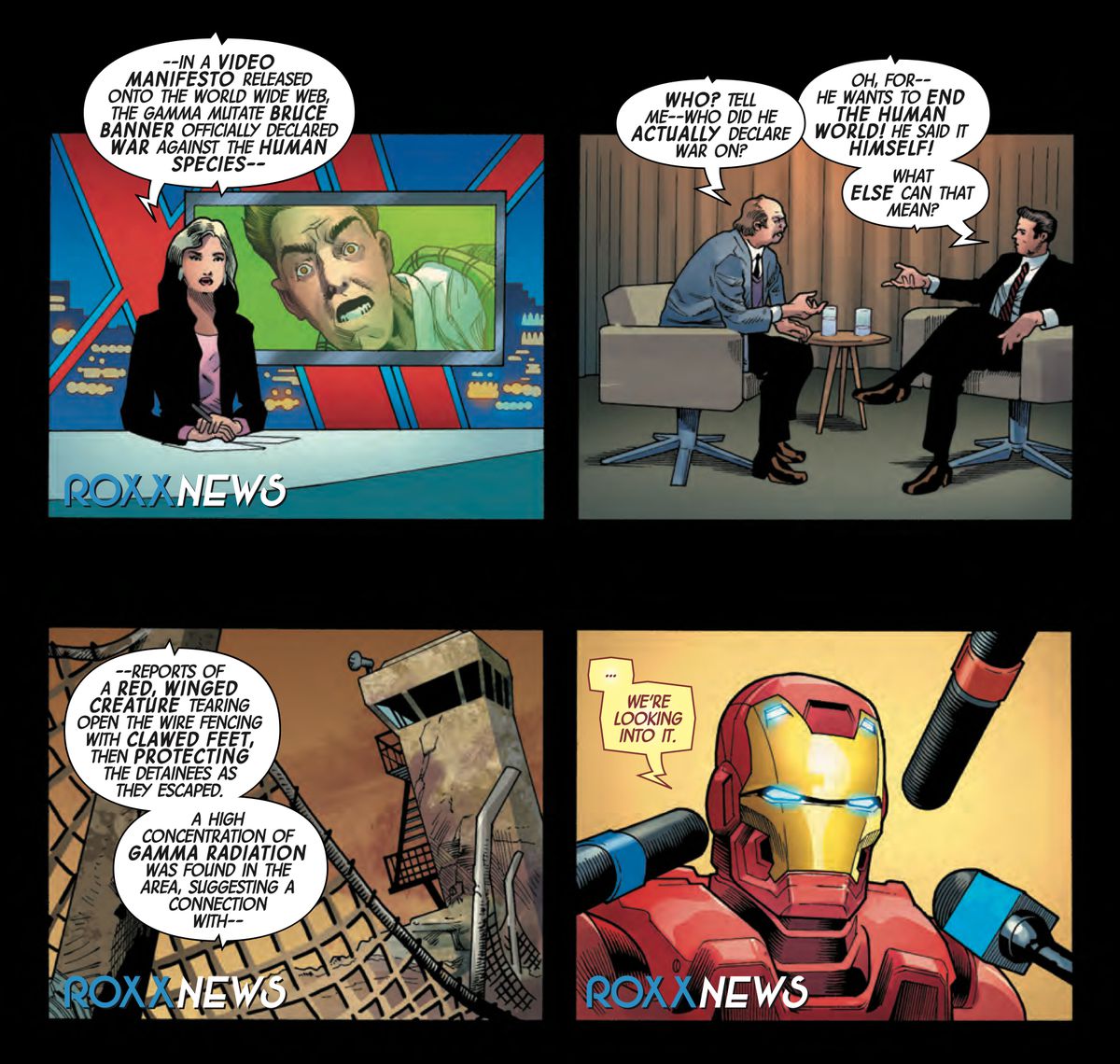 News media react to Bruce Banner’s anti-capitalist manifesto, with three microphones in his face, Iron Man says “...We’re looking into it,” in Immortal Hulk #26, Marvel Comics (2019). 