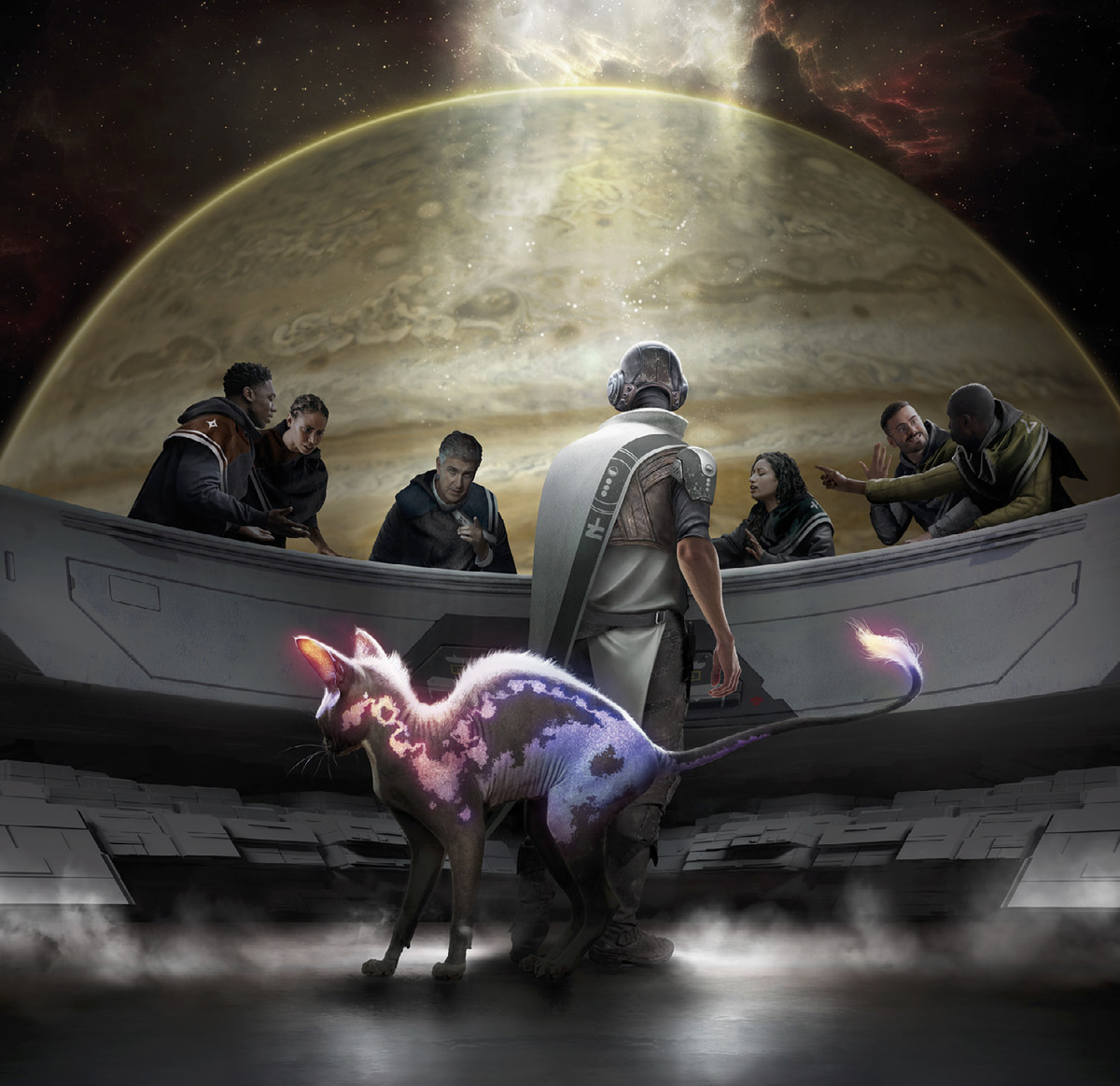 Ironsworn: Starforged art showing a group of humans in discussion.  There's an alien cat in the foreground.