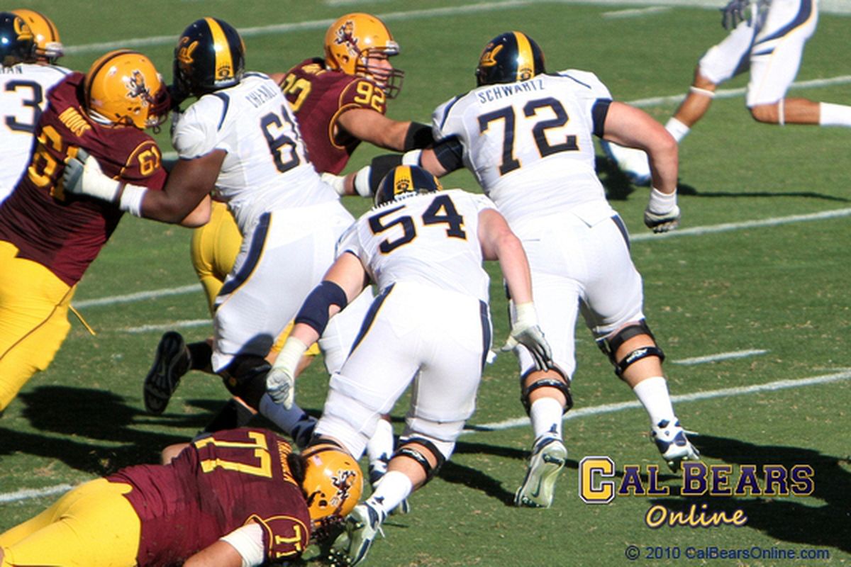 via <a href="http://calbearsonline.com/cal_bears_football_gallery/2009_cal_football_photos/cal_offensive_line_103109_0708.html">calbearsonline.com</a> Can Cal's offensive line move quicker to the point of attack in 2010?
