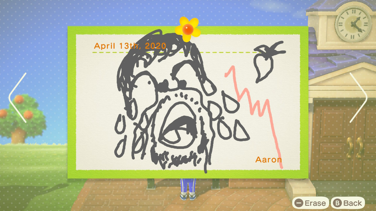 Animal Crossing: New Horizons - a picture of a man weeping at a sudden downturn in his turnip stonks on an island message board