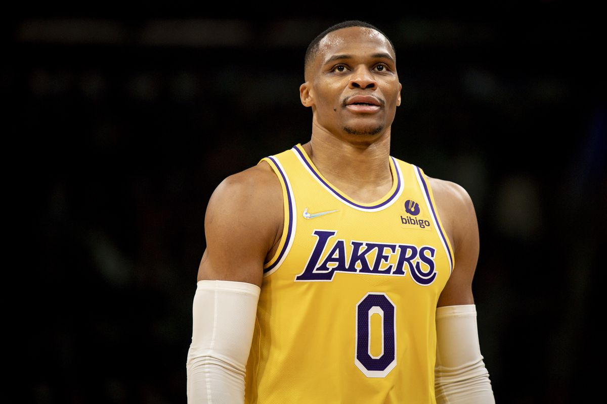 Russell Westbrook #0 of the Los Angeles Lakers looks on against the Boston Celtics at TD Garden on November 19, 2021 in Boston, Massachusetts.