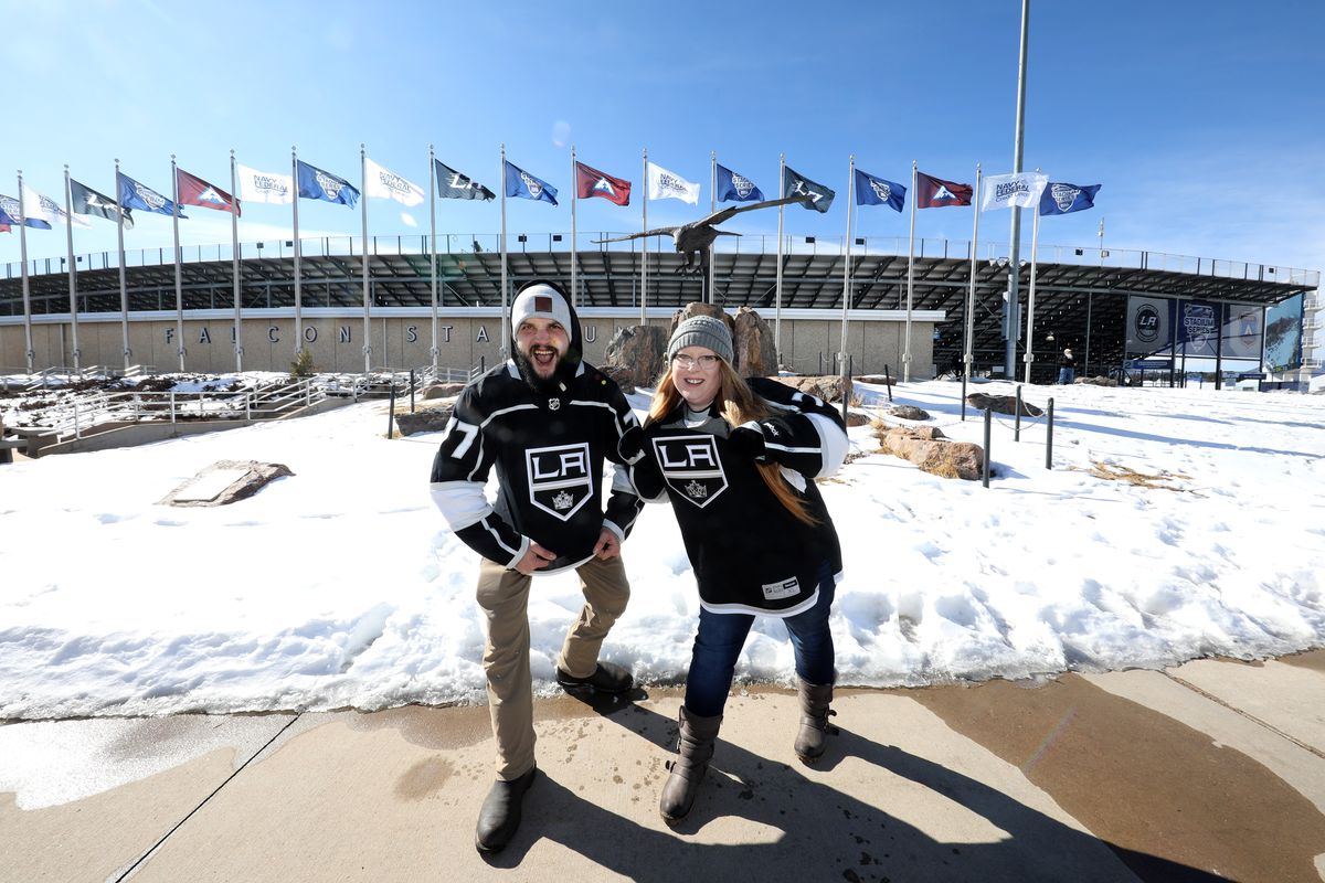 COLORADO SPRINGS, COLORADO - FEBRUARY 15: Los Angeles Kings fans attend the Truly Hard Seltzer PreGame prior to the 2020 NHL Stadium Series game between the Los Angeles Kings and the Colorado Avalanche at Falcon Stadium on February 15, 2020 in Colorado Springs, Colorado.