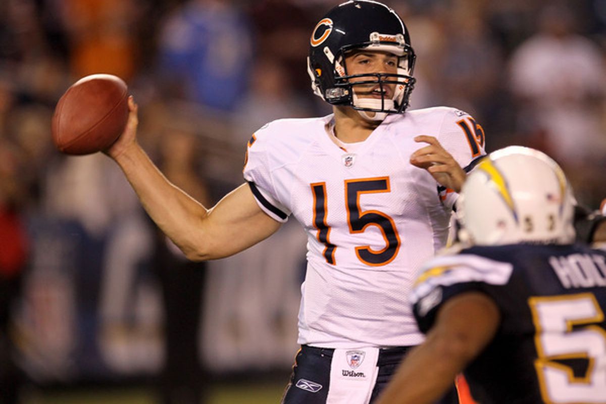 SAN DIEGO - AUGUST 14:  Quarterback Dan LeFevour  #15 of the Chicago Bears throws a pass against the San Diego Chargers on August 14 2010 at Qualcomm Stadium in San Diego California.   The Chargers won 25-10.  (Photo by Stephen Dunn/Getty Images)