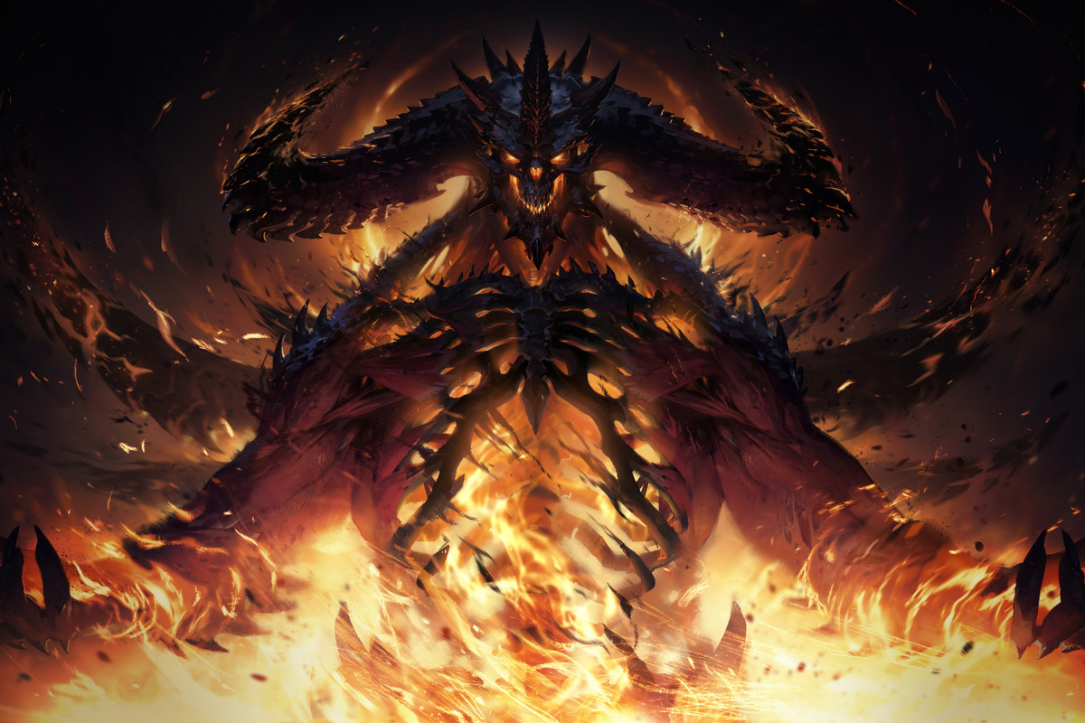 Image of key art from Diablo Immortal featuring a skeletonized Diablo wreathed in flames