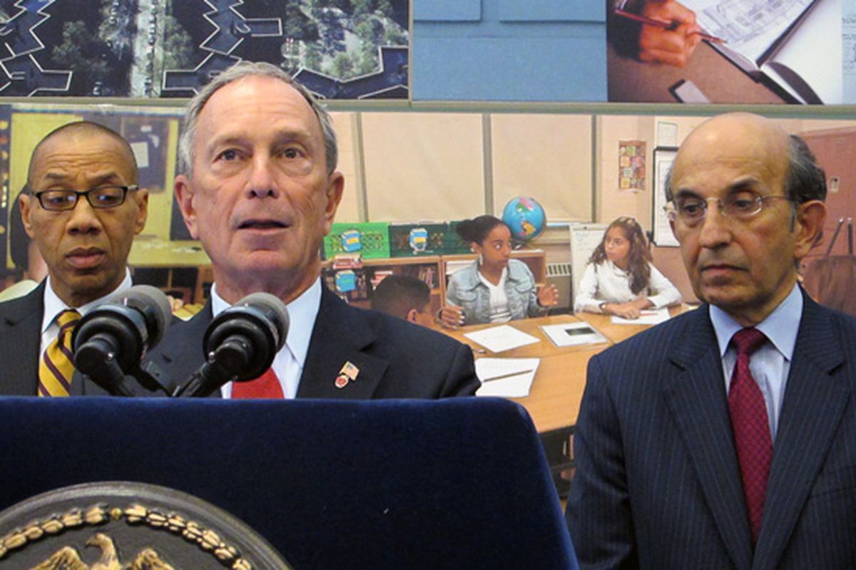 Former Mayor Michael Bloomberg, flanked by former Deputy Mayor Dennis Walcott and Schools Chancellor Joel Klein in 2010.