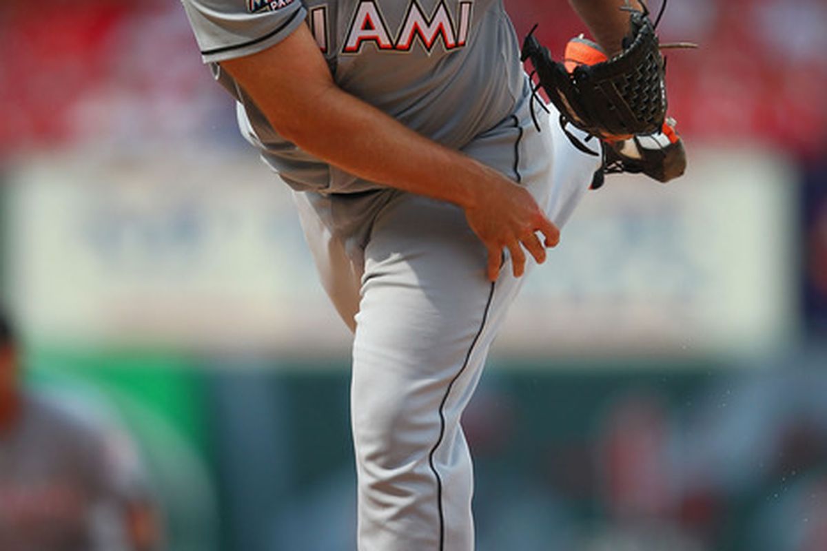 ST. LOUIS, MO - JULY 8: Reliever Heath Bell #21 of the Miami Marlins pitches against the St. Louis Cardinals at Busch Stadium on July 8, 2012 in St. Louis, Missouri.  (Photo by Dilip Vishwanat/Getty Images)
