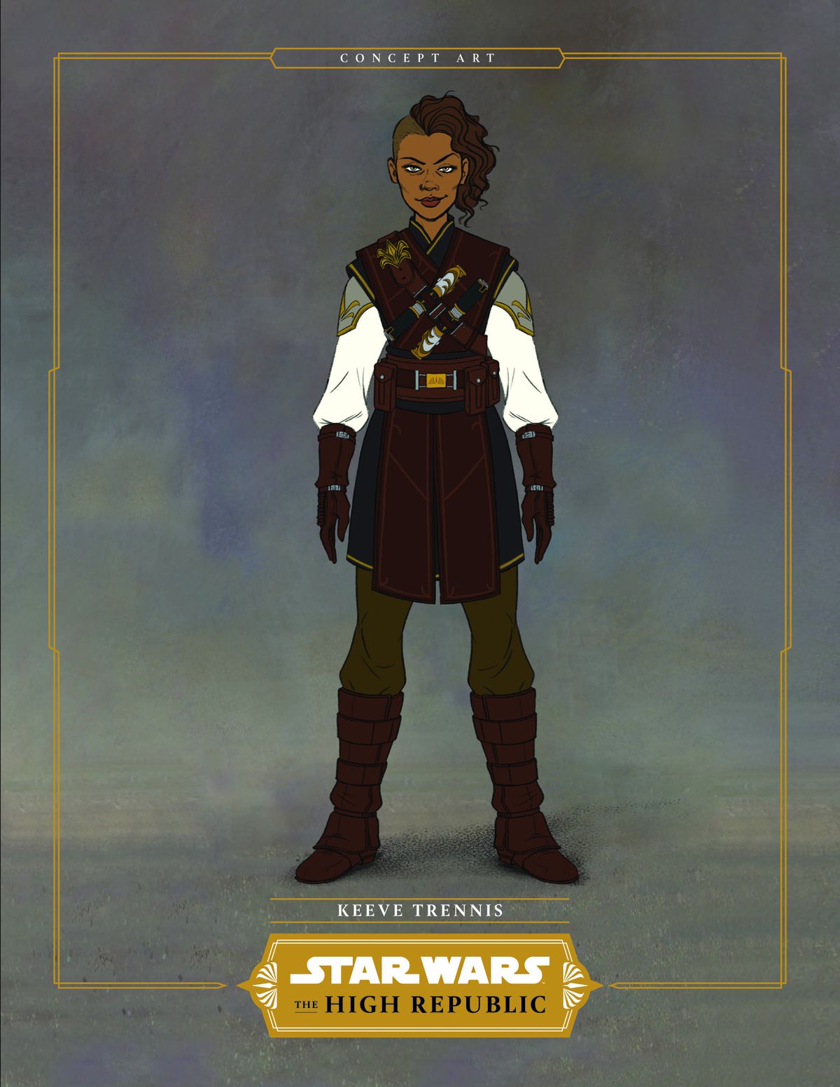 Keeve Trennis, a brown-skinned Jedi with curly hair, in black and white traveling clothes. 