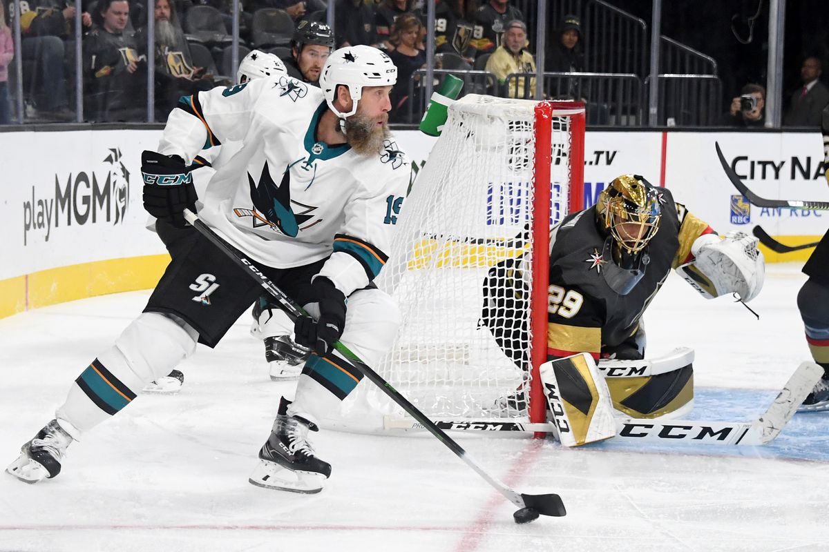 LAS VEGAS, NEVADA - SEPTEMBER 29: Joe Thornton #19 of the San Jose Sharks looks to pass as Marc-Andre Fleury #29 of the Vegas Golden Knights tends net in the third period of their preseason game at T-Mobile Arena on September 29, 2019 in Las Vegas, Nevada