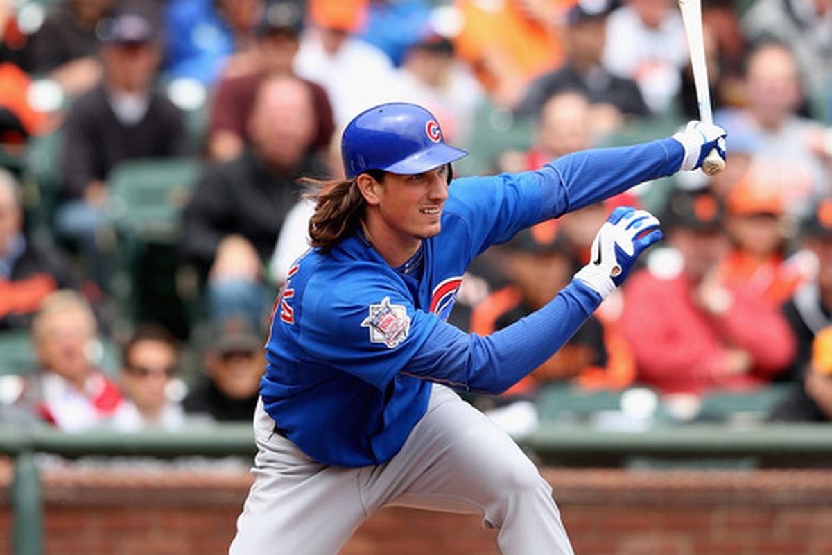 Jeff Samardzija of the Chicago Cubs hits a single that scored Darwin Barney  against the San Francisco Giants at AT&T Park in San Francisco, California.  (Photo by Ezra Shaw/Getty Images)
