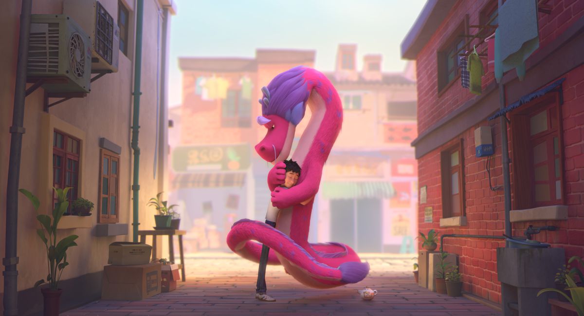 Bright pink-and-purple floating dragon Long wraps around his human companion Din and hugs him in an alley in Wish Dragon