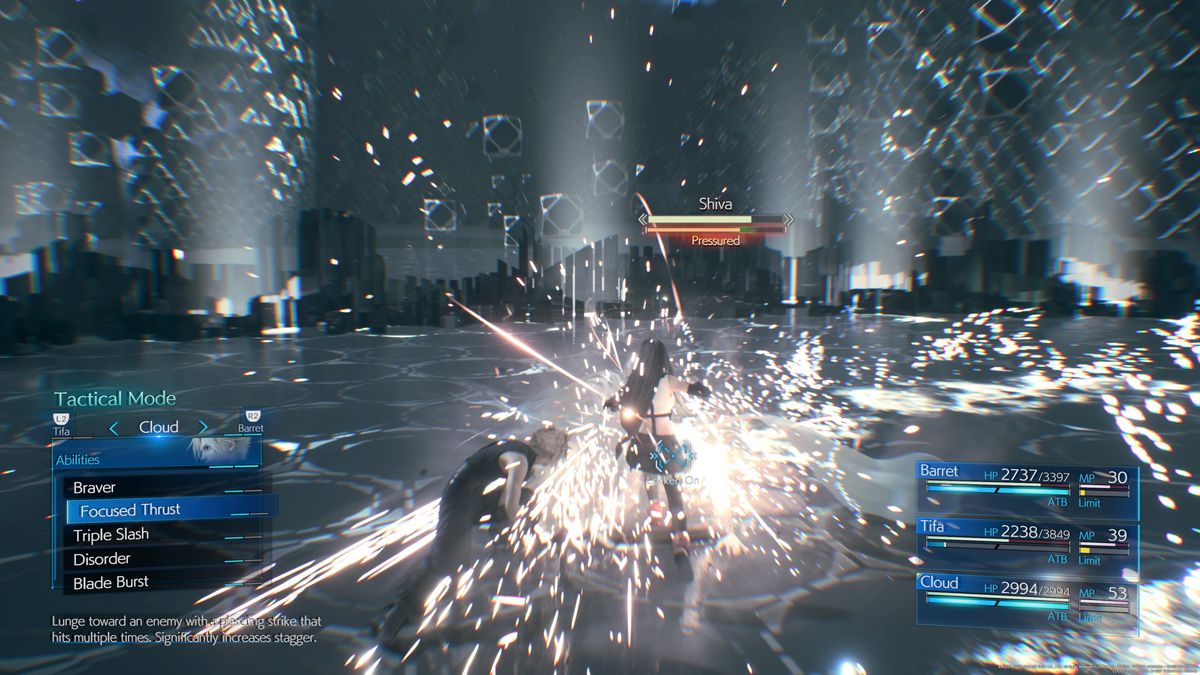 A screenshot of the Final Fantasy 7 Remake highlighting Cloud’s ability, Focused Thrust