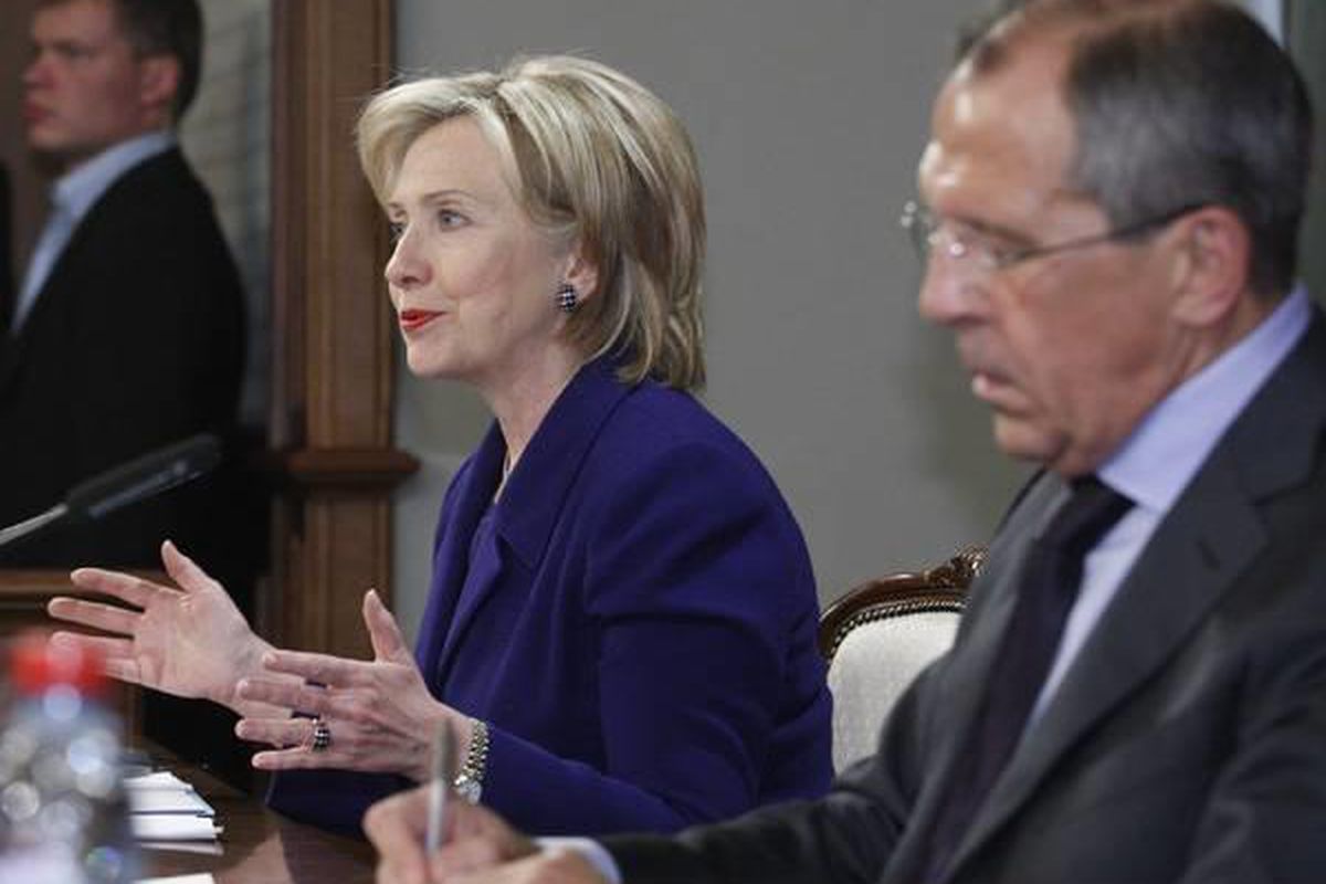 Russian Foreign Minister Sergey Lavrov, right, and U.S. Secretary of State Hillary Rodham Clinton seen during a news conference after their talks, in Moscow, Russia, Oct. 13, 2009.
