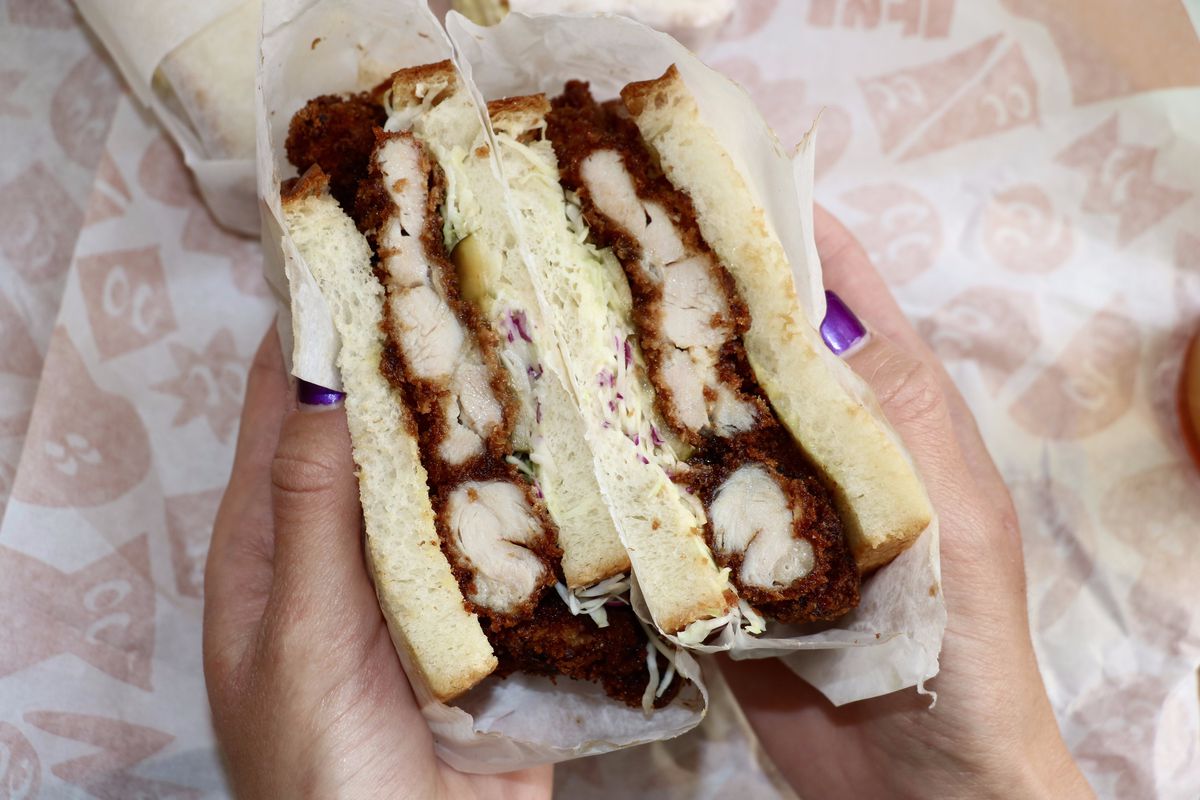 A cross-section of a chicken katsu sandwich from Taku Sando, a restaurant in Greenpoint, Brooklyn.
