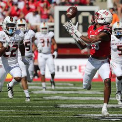 Utah Utes wide receiver Bryan Thompson catches a pass and runs for a touchdown against the Idaho State Bengals during NCAA football in Salt Lake City on Saturday, Sept. 14, 2019.