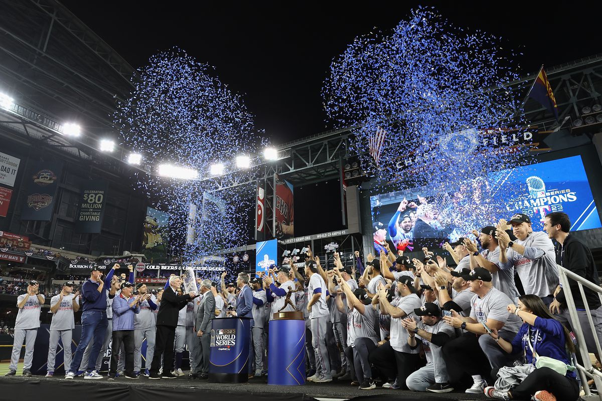 The Texas Rangers are awarded the Commissioner’s Trophy after defeating the Arizona Diamondbacks in Game Five to win the World Series at Chase Field on November 01, 2023 in Phoenix, Arizona. The Rangers defeated the Diamondbacks 5-0 to win the World Series 4 games to 1.
