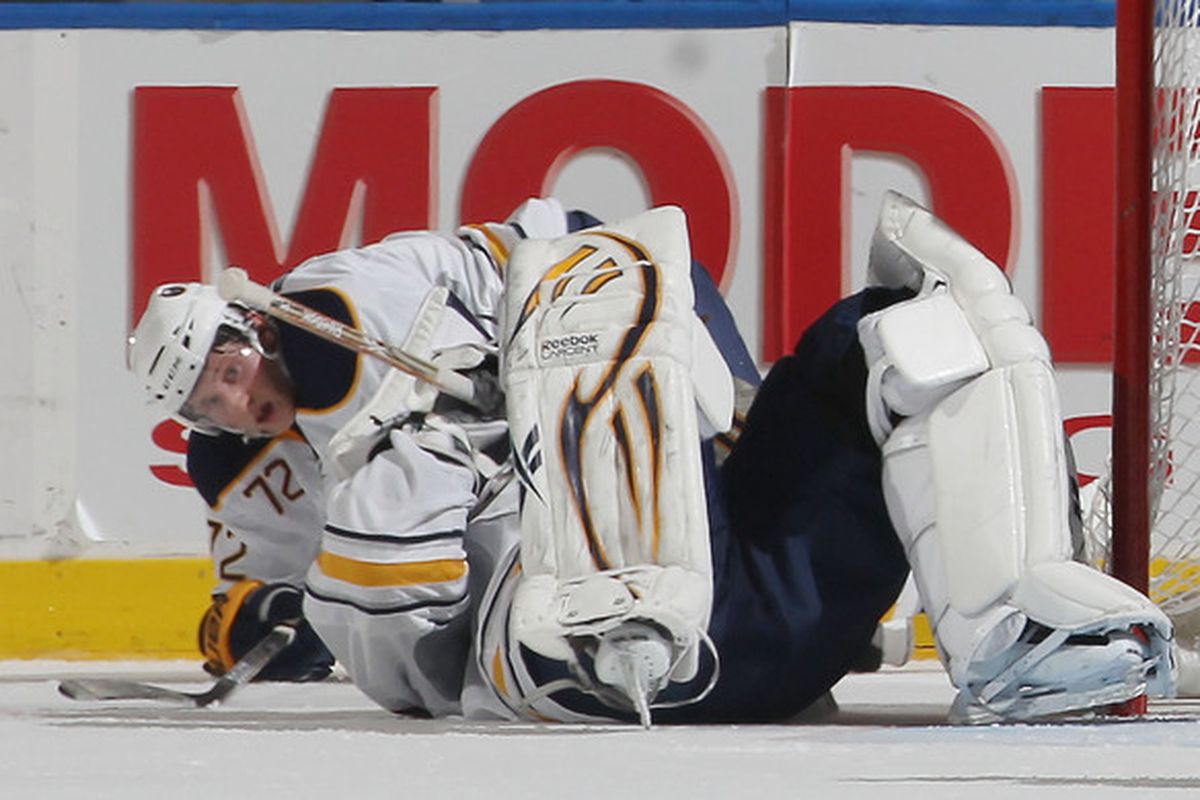 Looks like Luke Adam has some more to learn about playing the NHL game. Like don't tackle your own goaltender.