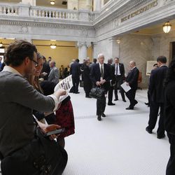 A crowd gathers outside the House Chamber at the Capitol in Salt Lake City Tuesday, Feb. 17, 2015.