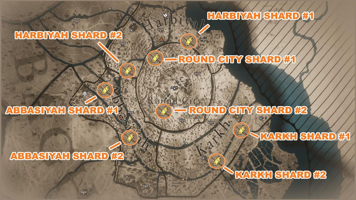 A map of of Baghdad shows all Mysterious Shards locations in AC Mirage.