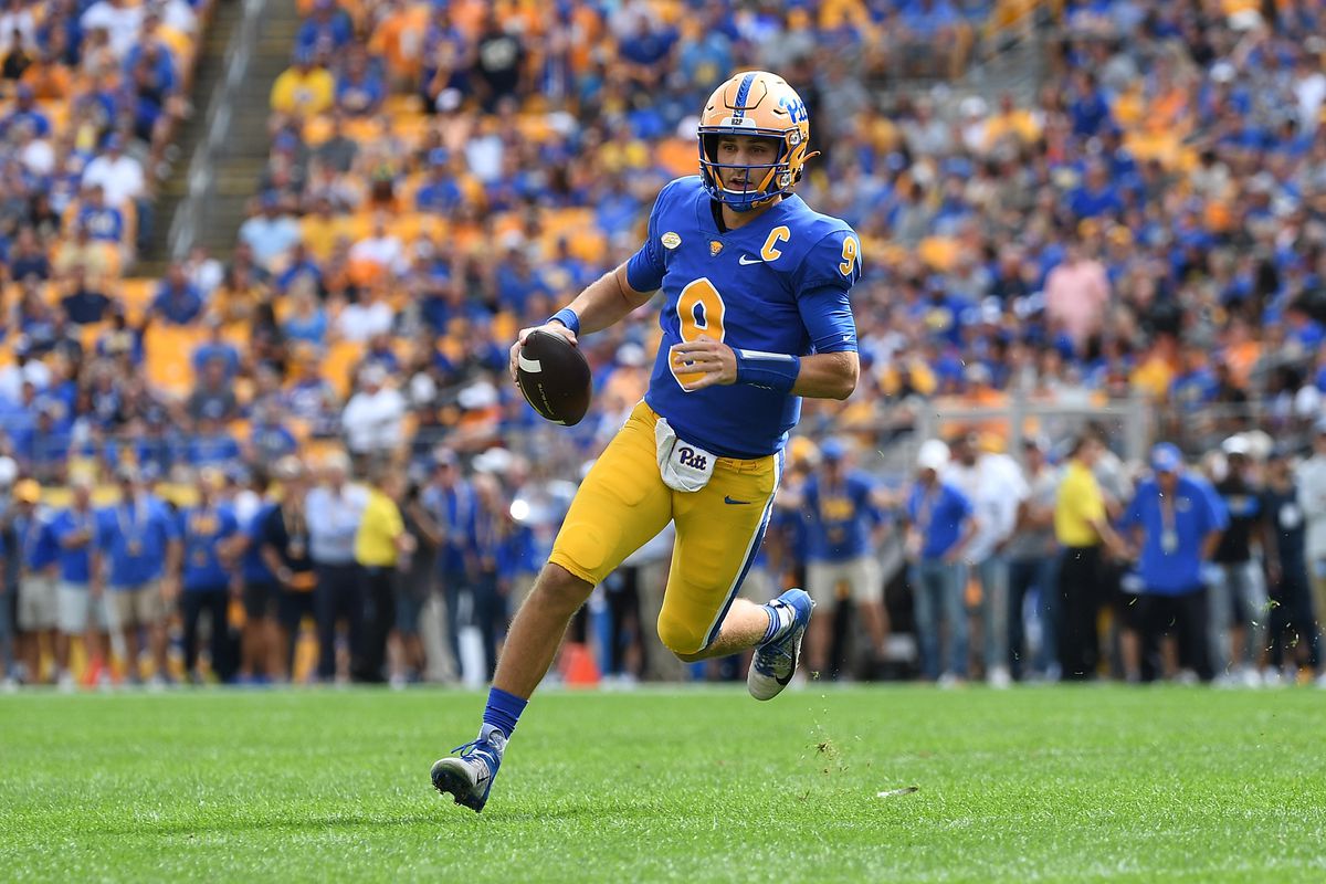 Kedon Slovis of the Pittsburgh Panthers scrambles out of the pocket in the first quarter during the game against the Tennessee Volunteers at Acrisure Stadium on September 10, 2022 in Pittsburgh, Pennsylvania.