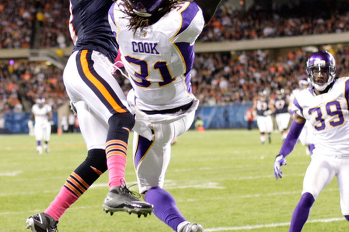 Chris Cook has been reinstated by the Minnesota Vikings, but you're not going to see him do this any time soon.  (Photo by Jamie Squire/Getty Images)