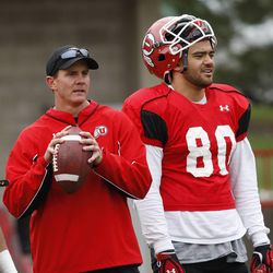 Coach Jay Hill and Westlee Tonga during University of Utah football practice on April 16 in Salt Lake City.