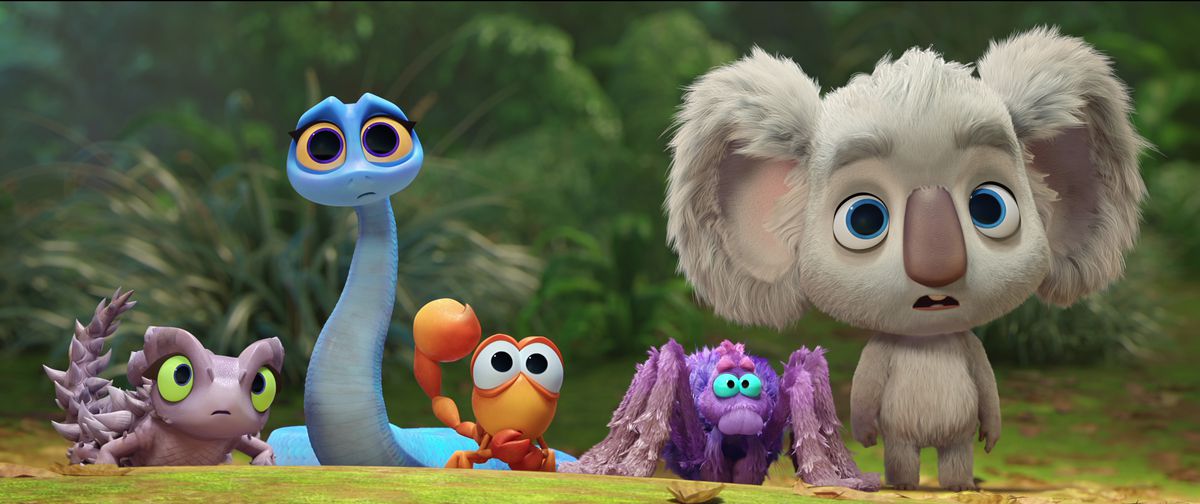(L-R) Miranda Tapsell as Zoe the spiny devil lizard, Isla Fisher as Maddie the taipan, Angus Imrie as Nigel the scorpion, Guy Pearce as Frank the hairy spider funnel and Tim Minchin as Pretty Boy the koala.