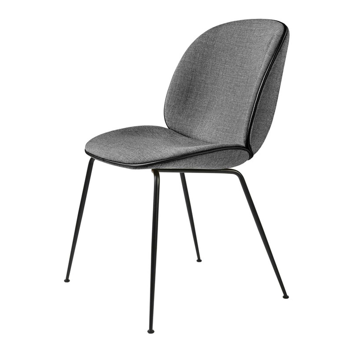 A gray chair with rounded seat and black metal legs.