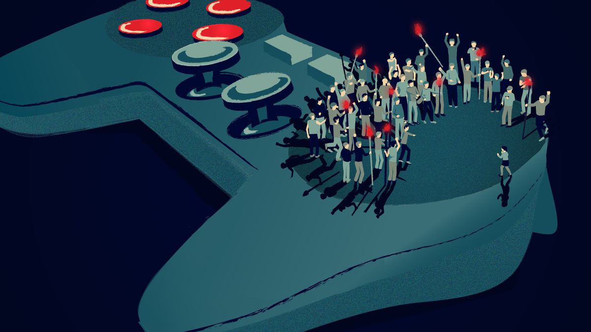 illustration of men holding pitchforks standing around one woman, all on a video game controller