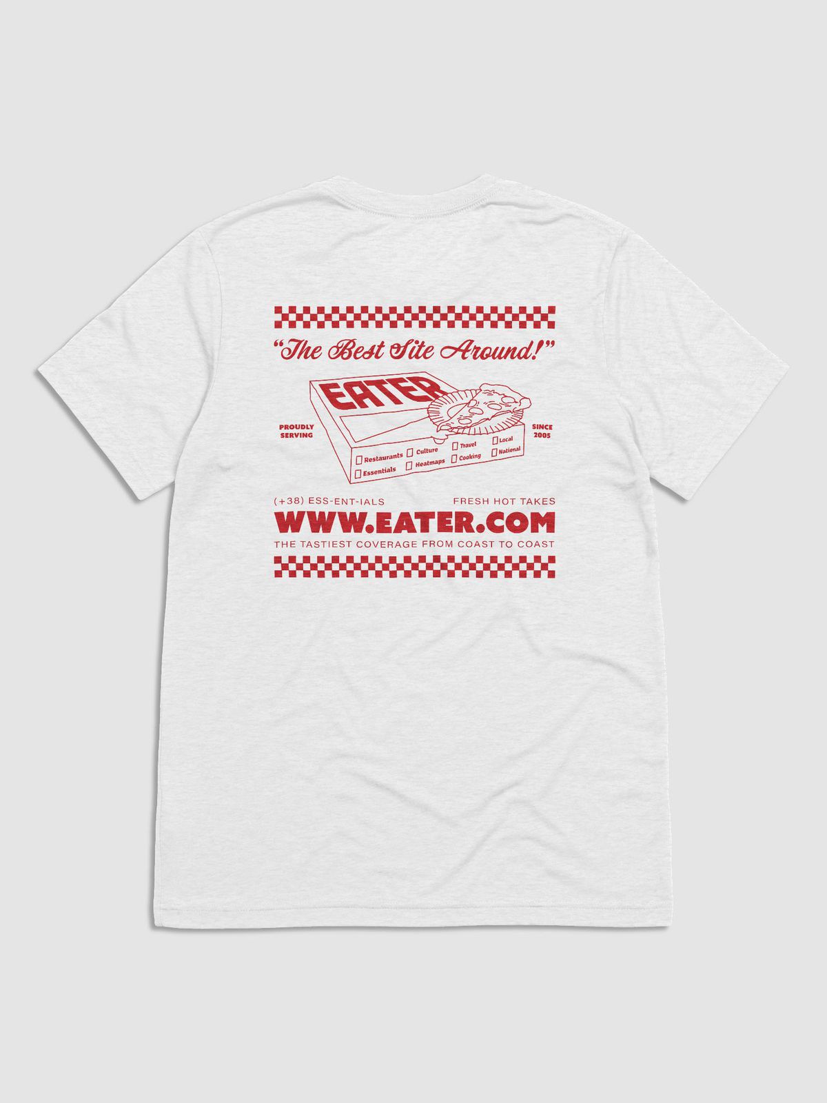 White t-shirt with red lettering.
