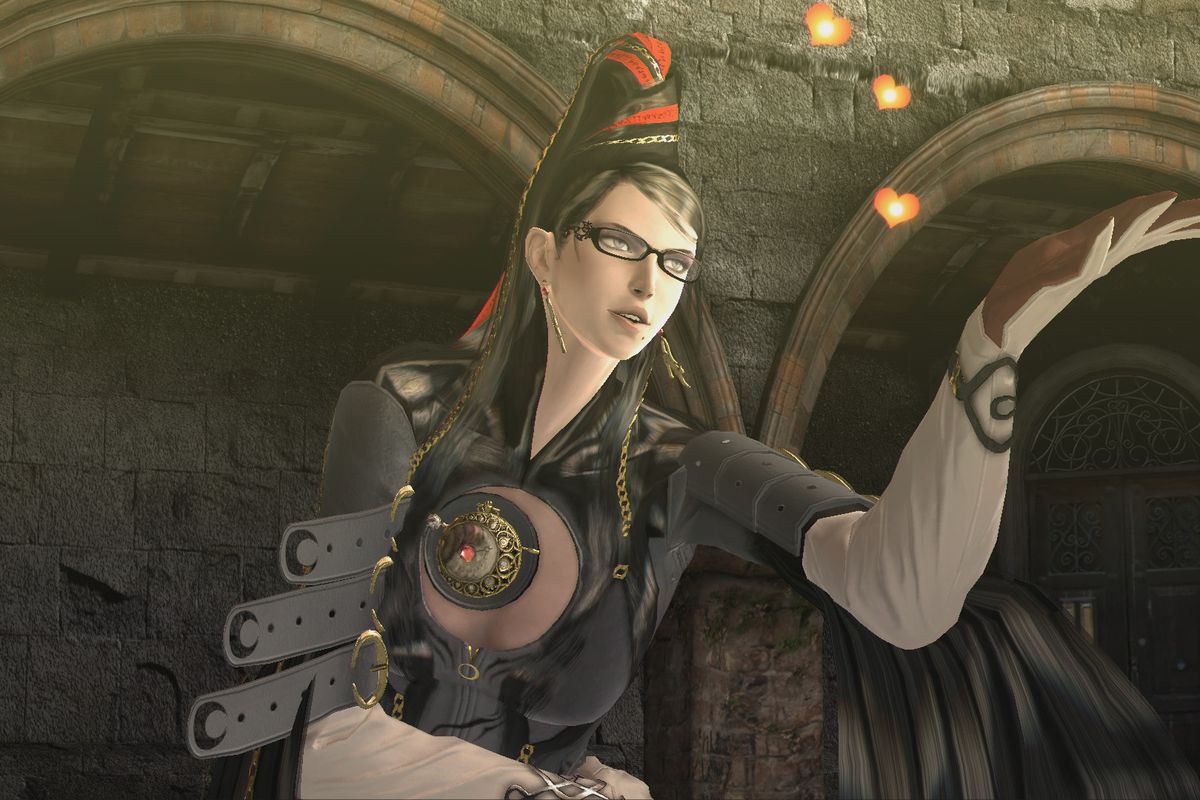 Bayonetta blows a kiss in a screenshot from her self-titled game