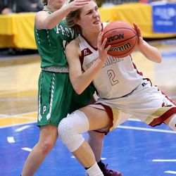 Viewmont's Emma Carr moves around Provo's Charlee Barker during the first round of the 5A girls basketball championships at Salt Lake Community College in Taylorsville on Monday, Feb. 19, 2018. Viewmont won 51-41.