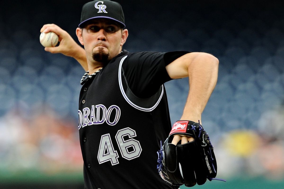 WASHINGTON, DC - JULY 8: Starting pitcher Jason Hammel #46 of the Colorado Rockies works the first inning against the Washington Nationals at Nationals Park on July 8, 2011 in Washington, DC. (Photo by Patrick Smith/Getty Images)