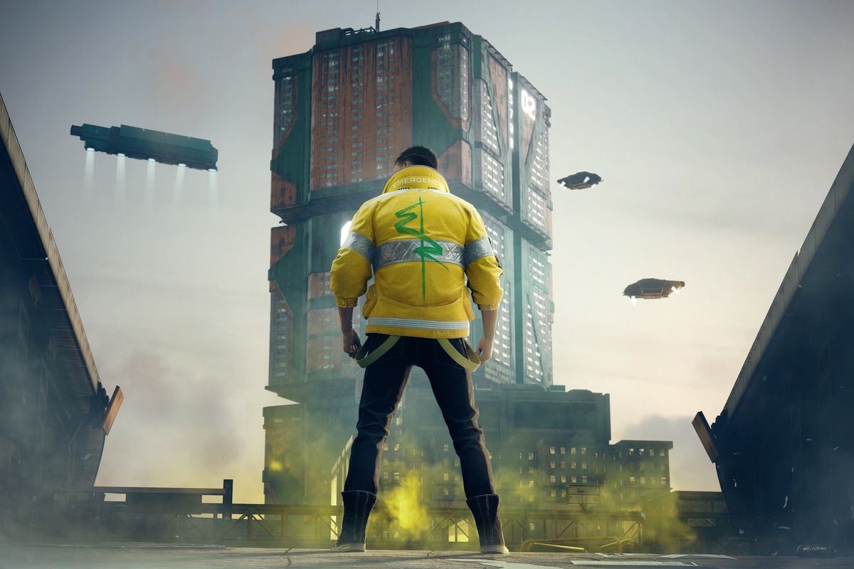 A still from Cyberpunk 2077 featuring a character wearing a yellow Edgerunners jacket. A large building and several flying ships are in the background.