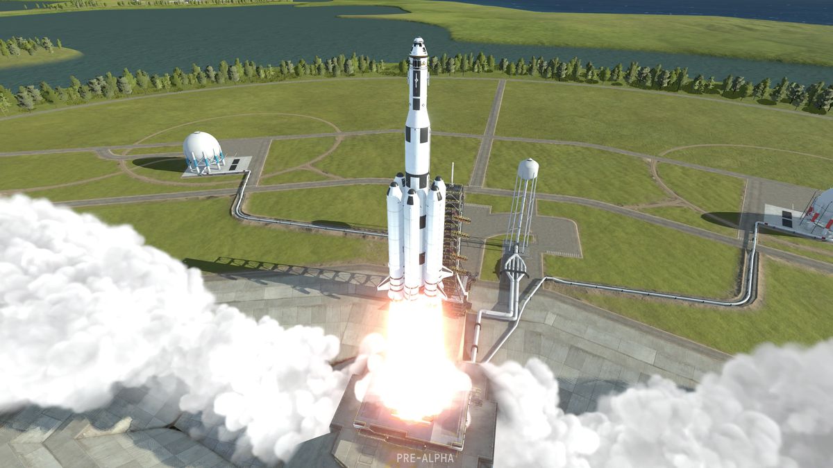 A rocket launching into space, just above the launchpad with a large cloud of smoke below it, in the rocketry simulator Kerbal Space Program 2.