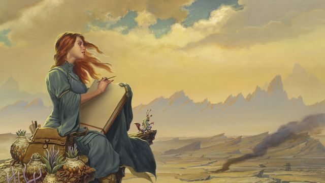 Shallan from the Stormlight Archives sits on a cliff with a book in her hand
