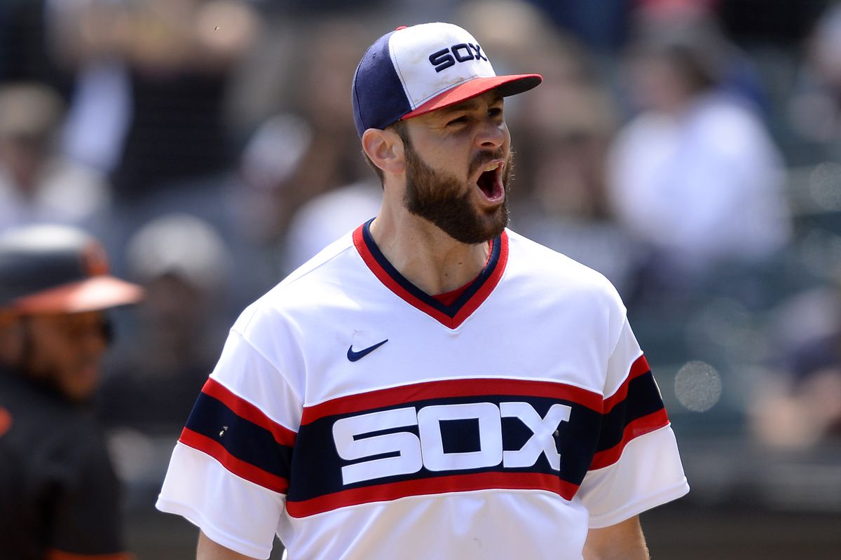 Lucas Giolito of the Chicago White Sox reacts after getting out of a bases loaded jam against the Baltimore Orioles on May 30, 2021 at Guaranteed Rate Field in Chicago, Illinois.